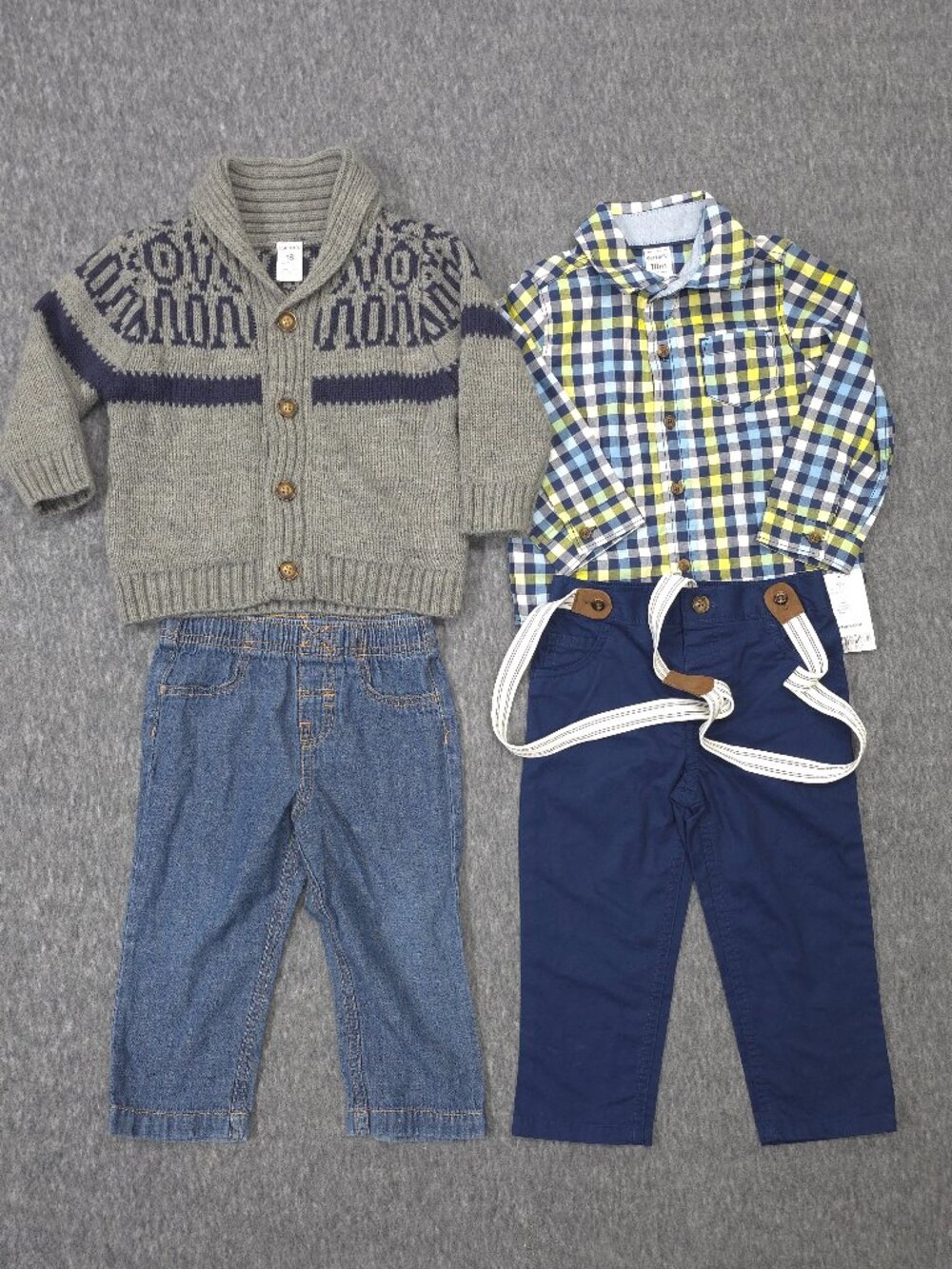 Carter's Baby Boy 18M Outfit Lot 4pc NWT Plaid Suspenders Cardigan Jeans